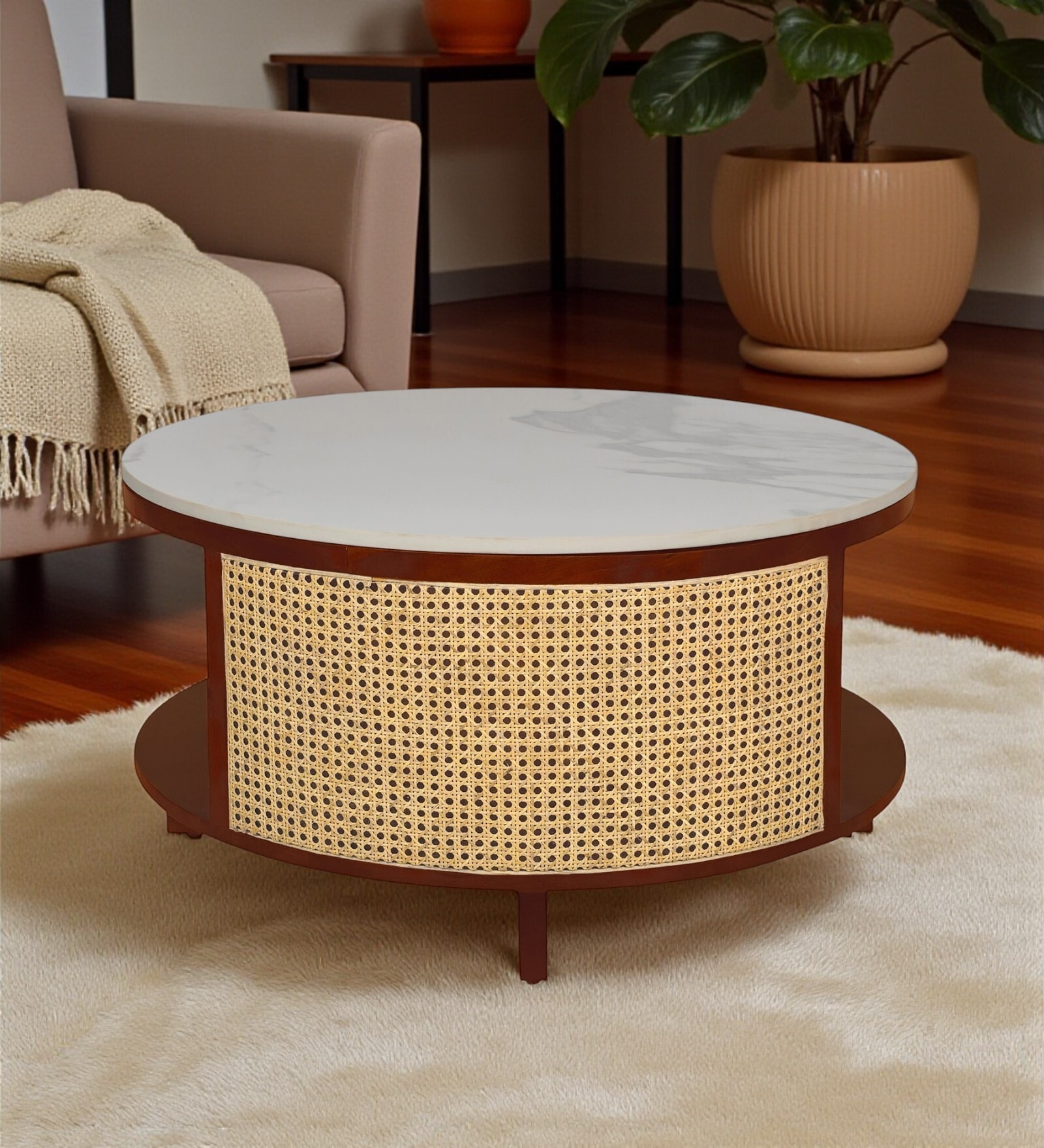 Yesemia Mango Wood Coffee Table In Honey Oak Finish With Porcelain Top