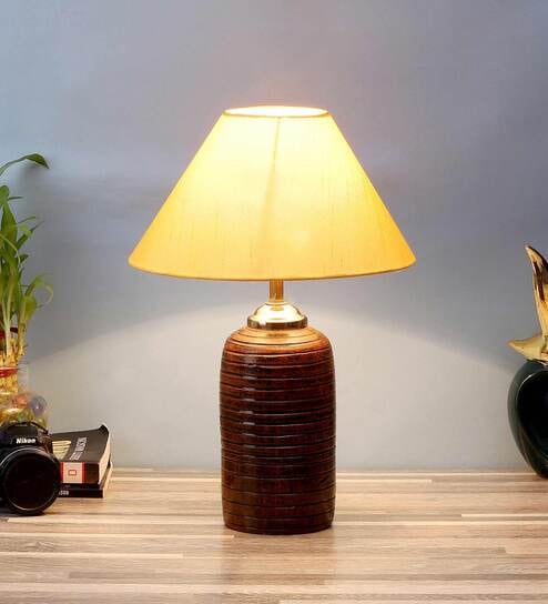 Yello & White Fabric Shade Table Lamp With Brown Base By Foziq