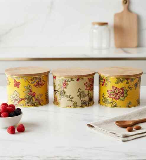 Yellow & Beige Floral Printed Metal Airtight Containers Set Of 3-image-1