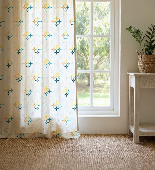 Yellow Cotton Floral 7 Ft Eyelet Door Curtains (Set Of 2)