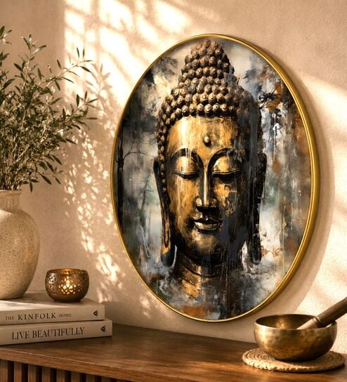 Yellow & Gold Buddha Round Wall Art 15 Inch