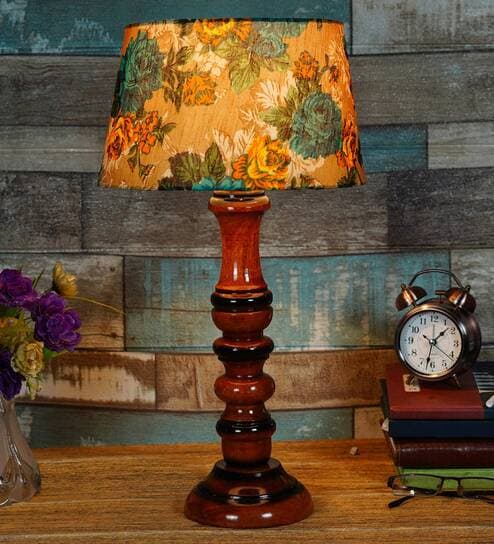 Mace Yellow & Green Fabric Shade Night Lamp With Wood Base By BrightDaisy