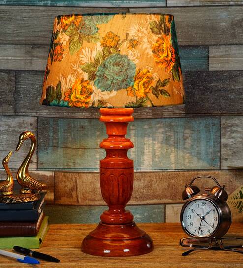 Poulsen Yellow & Green Fabric Shade Night Lamp With Wood Base By BrightDaisy