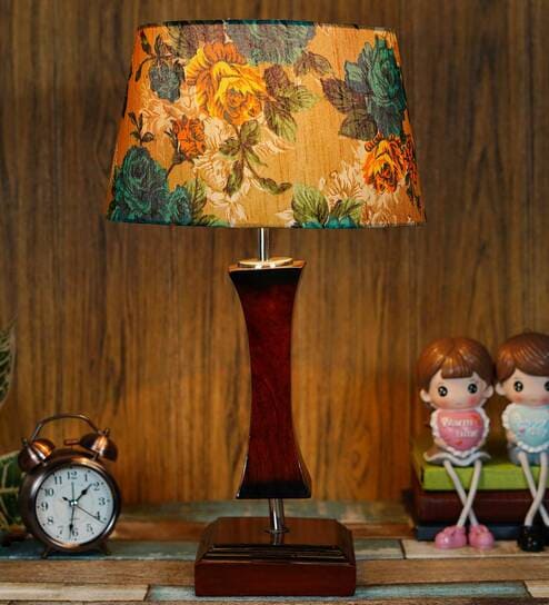 Matera Yellow & Green Fabric Shade Night Lamp With Wood Base By BrightDaisy