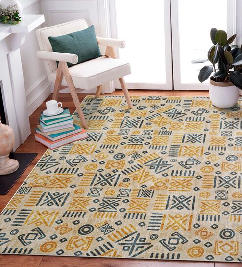 Yellow & Teal Block Print Polyester 3 ft x 5 ft Machine Made Carpet