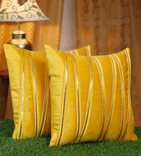 Yellow Velvet Striped 16X16 Inches Cushion Covers (Pack of 2)