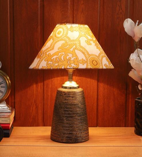 Yellow & White Shade Table Lamp With Brown Base