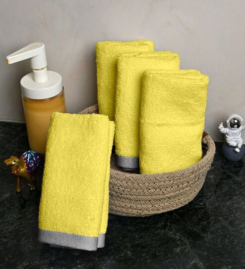 Yellow Cotton Solid 500 GSM 4 Pcs Face Towels