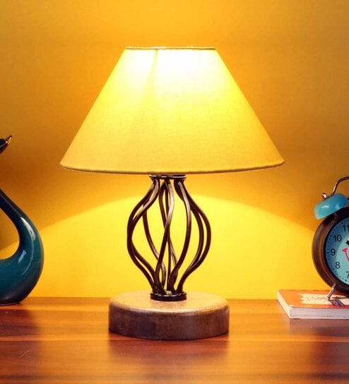 Yellow  cotton Table lamp with Wood & Iron Base