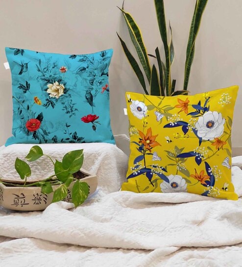 Yellow Floral 24x24 inches Cushion Covers (Pack of 2)