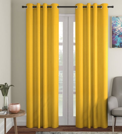 Yellow Solid Cotton 7 Ft Light Filtering Eyelet Door Curtain