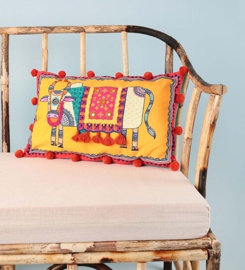 Yellow Traditional Blended Cotton 20 x 12 Inches Cushion Cover by Chumbak