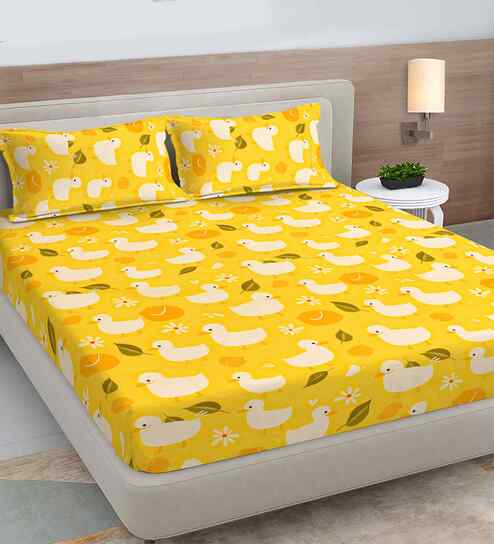 Yellow Cartoon Print 300 TC Cotton Blend King Size Fitted Double Bedsheet with 2 Pillow Covers
