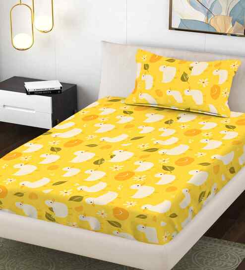 Yellow Cartoon Print 300 TC Cotton Blend Single Bedsheet with 1 Pillow Cover