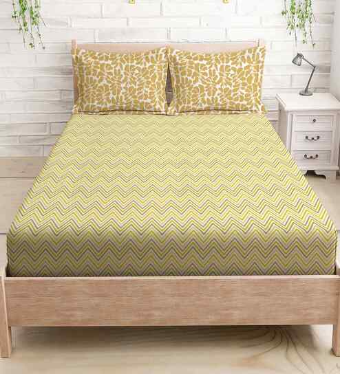 Yellow Cotton 1  Queen Bedsheet with 2 Pillow Covers