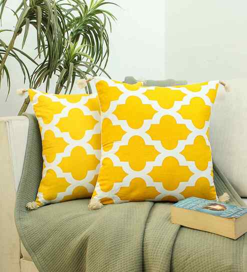 Yellow Cotton Abstract 16x16 inches Cushion Cover Set of 2