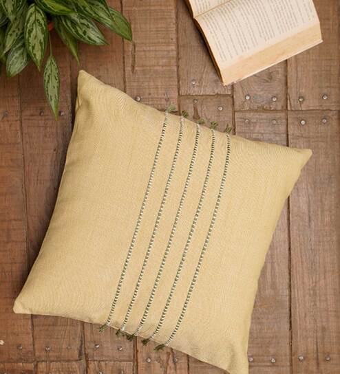 Yellow Woven Cotton Blend 16 x 16 Inches Cushion Cover