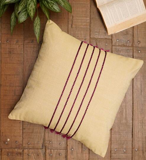 Yellow Cotton Blend Striped 16x16 inches Cushion Covers (Set of 1)