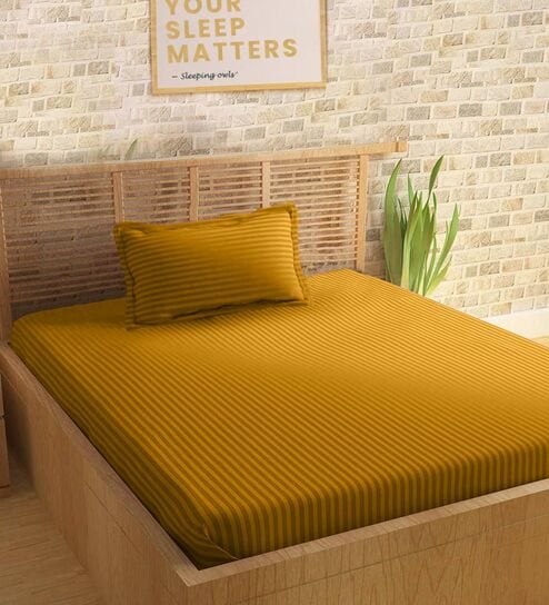 Yellow Cotton 210TC Striped Single Bedsheet with 1 Pillow Cover