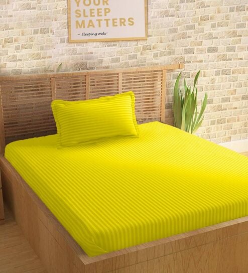 Yellow Cotton 210TC Striped Single Bedsheet with 1 Pillow Cover