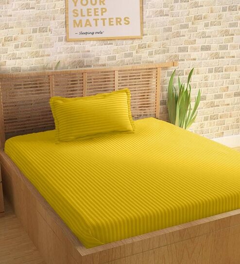 Yellow Cotton 210TC Striped Single Bedsheet with 1 Pillow Cover