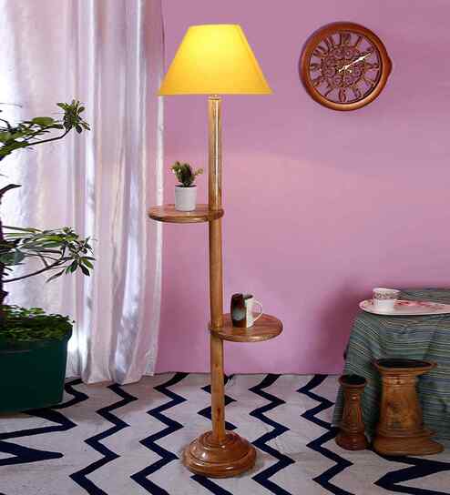 Yellow Cotton Conical Wooden Floor Lamp