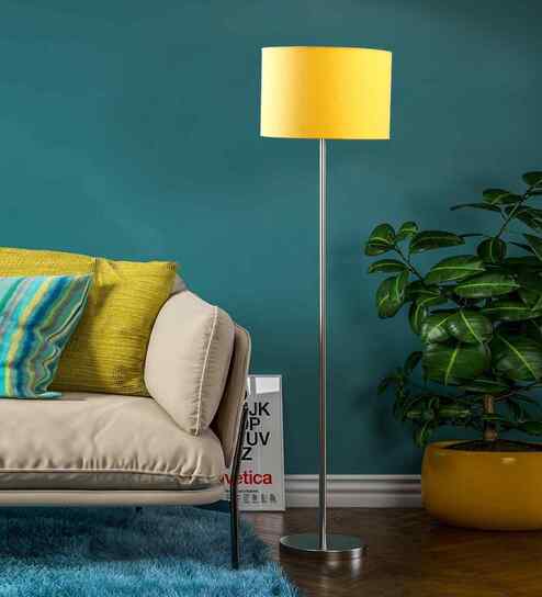 Yellow Cotton Drum Shade Steel Floor Lamp Steel Base