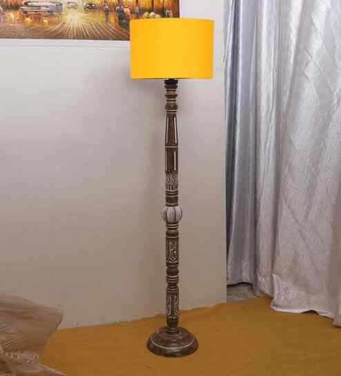 Yellow Cotton Drum Wooden Floor Lamp
