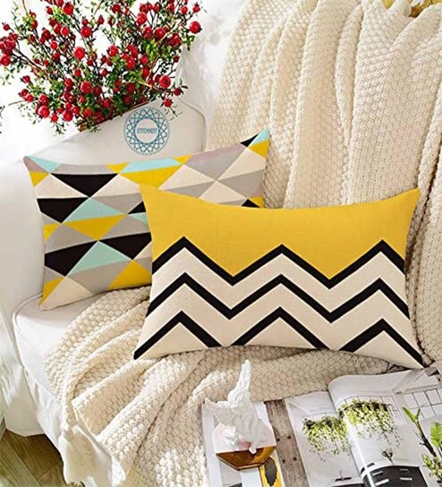 Yellow Cotton Geometric 18x12 inches Cushion Covers (Pack of 2)