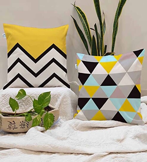 Yellow Cotton Geometric 24x24 inches Cushion Covers (Pack of 2)