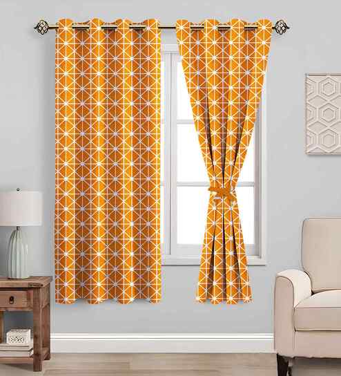 Yellow Cotton Geometric 5ft Semisheer Eyelet Window Curtain (2 Pc)