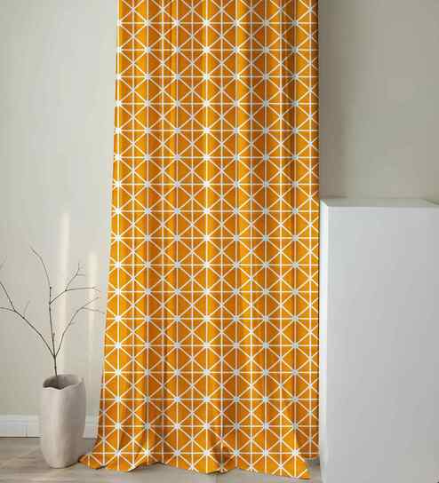Yellow Cotton Geometric 7ft Semisheer Eyelet Door Curtain (1 Pc)