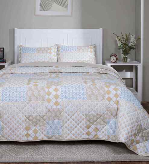 Yellow Cotton Polyester Floral Print 110 GSM Single Bed Quilt