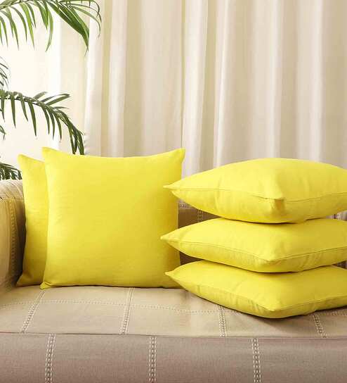 Yellow Solid Cotton 18 x 18 Inches Cushion Covers (Set of 5) by Jamio Firati