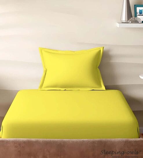 Yellow Cotton Solid 210TC Plain Single Bedsheet with 1 Pillow Cover