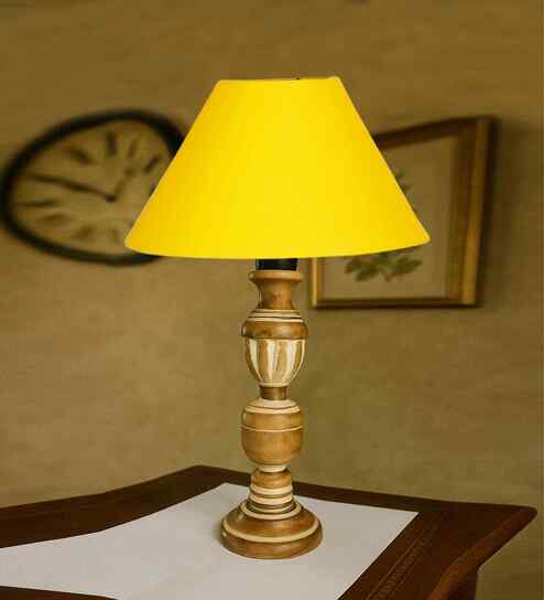 Yellow Cotton Table Lamp With  Wood  Base 10X19 Inches