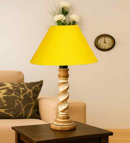 Yellow Cotton Table Lamp With  Wood  Base 10X19 Inches