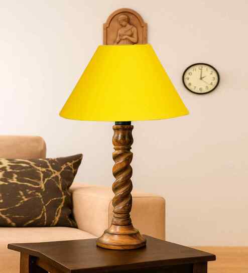 Yellow Cotton Table Lamp With  Wood  Base 10X19 Inches