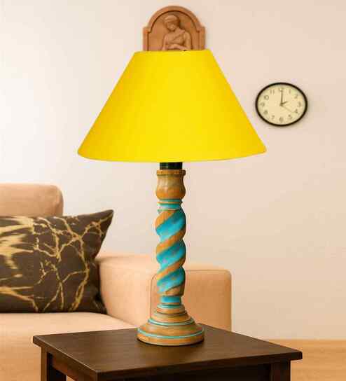 Yellow Cotton Table Lamp With  Wood  Base 10X19 Inches