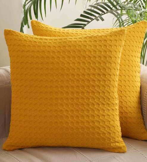 Yellow Textured Cotton 20 x 20 Inches Cushion Covers (Set of 5) by Jamio Firati