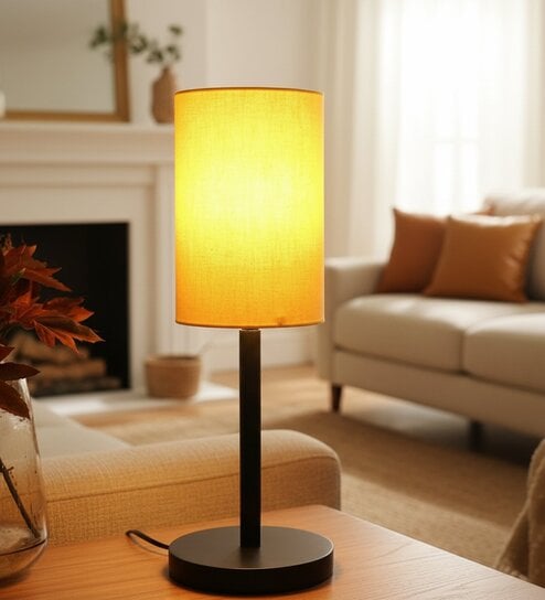 Yellow Cylinder Fabric Shade Table Lamp, Minimalist Bedside Lamp with Metal Base for Bedroom, Living Room & Study