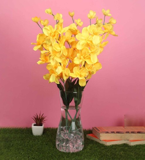 Yellow Fabric Orchid Stone Artificial Flowers