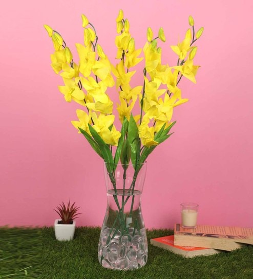 Yellow Fabric Orchid Artificial Flower Pack of 5