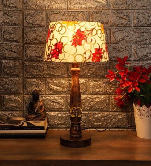 Yellow Fabric Shade Table Lamp with Brown and Yellow Base by Foziq
