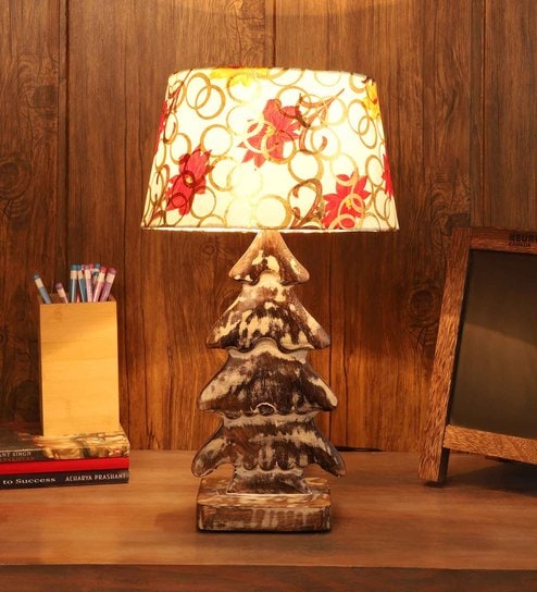 Alice Multicolour Fabric Shade Table Lamp With Mango wood Base by Foziq