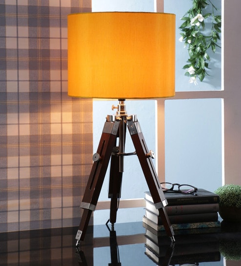 Yellow Fabric Shade Tripod Table Lamp with Brown Base by Beverly Studio