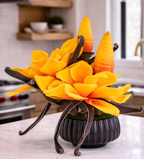 Yellow Faux Leather Opulent Dawn Magnolia Arrangement Pot With Flower