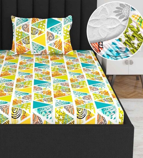 Yellow Floral 144 TC Cotton Single Fitted Bedsheet With 1 Pillow Cover