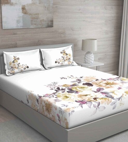 Yellow Floral 150 TC Cotton Queen Sized Bed Sheets with 2 Pillow Covers by GM Fabrics