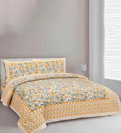 Yellow Floral 180 TC Cotton  King Sized Bedsheet with 2 Pillow Covers
